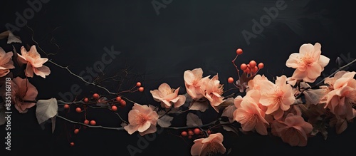 Peach-colored flowers complemented by a dark backdrop, creating an elegant contrast in this copy space image. photo