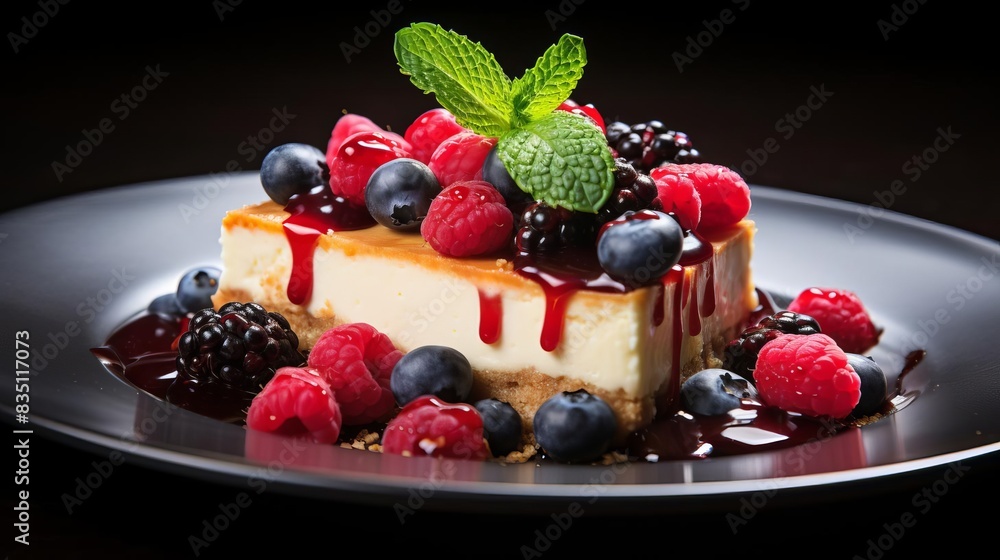 A luxurious cheesecake topped with berries and mint leaves, A luxurious cheesecake topped with berries and mint leaves,