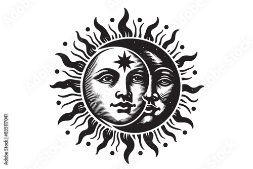 Sun and moon. Isoteric vector illustration. vintage engraving, emblem, logo