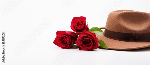 Brown hat and red rose disp...