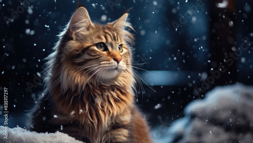 Fluffy Cat Gazing at Snowflakes on a Winter Evening