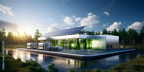 Facility producing green hydrogen gas and clean electricity from solar and wind. Concept Green Hydrogen Production, Clean Electricity Generation, Solar Energy Utilization, Wind Power Integration