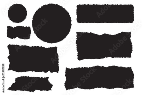 Torn paper frames with rough edges vector set. Black square shapes with ripped jagged borders on white background. Vintage grunge boxes for collage, text, banner, sticker design. Retro photo objects 
