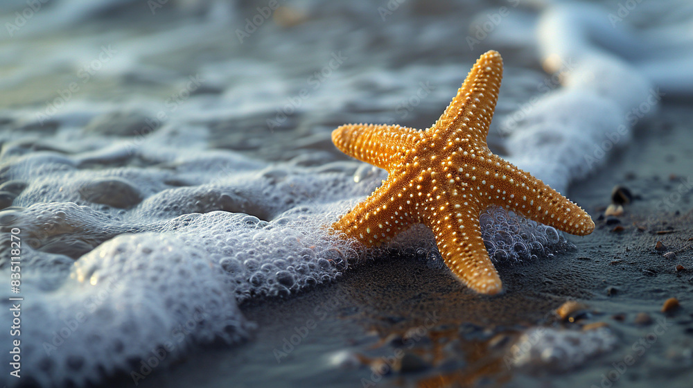 Very Close Of A Beautiful Vibrant Starfish On Sandy Beach On Blurry Background Very Close Of A Beautiful Vibrant Starfish On Sandy Beach On Blurry Background
