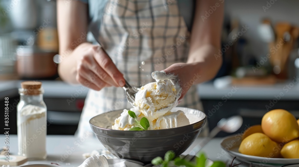 Person making homemade ice cream in the kitchen, highlighting fresh ingredients and creativity. Ideal for visuals related to summer treats and cooking Person making homemade ice cream in the kitchen, highlighting fresh ingredients and creativity. Ideal for visuals related to summer treats and cooking