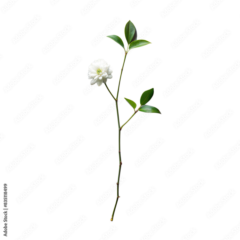Fototapeta premium A single white flower stem with green leaves