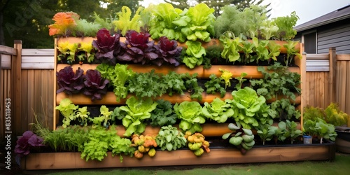 Sustainable Urban Farming Organic Vertical Garden Featuring Locally Grown Veggies in Wooden Raised Bed. Concept Urban Farming, Organic Gardening, Sustainable Agriculture, Vertical Gardening