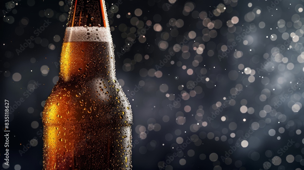 Photorealistic close-up of a cold beer bottle with droplets of condensation, highlighting the refreshing nature of the beverage. Perfect for beverage advertising and marketing Photorealistic close-up of a cold beer bottle with droplets of condensation, highlighting the refreshing nature of the beverage. Perfect for beverage advertising and marketing