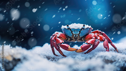 Vibrant red crab in a unique snowy setting 