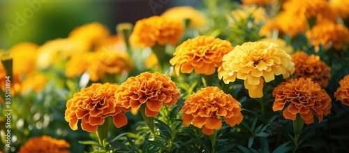 Close-up of yellow-brown Tagetes marigold flowers in a summer flower bed with a copy space image.