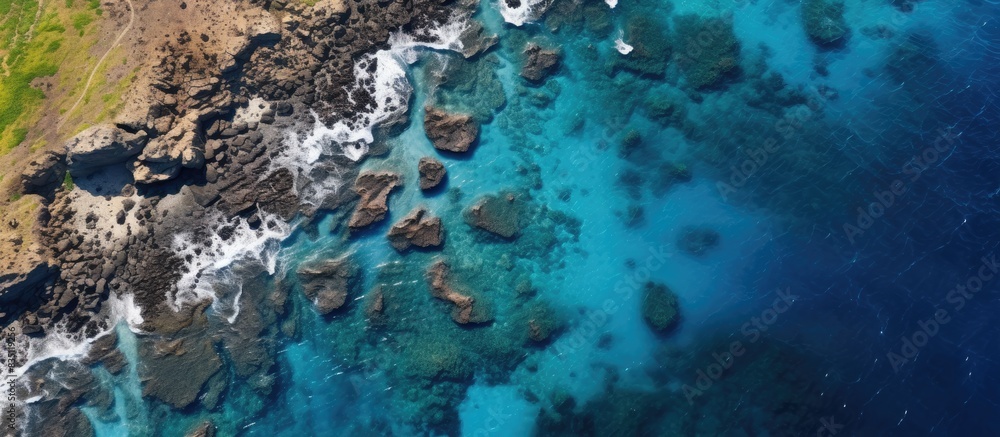 Aerial view of the ocean showing reefs, road, and coastline with plenty of copy space image available. Aerial view of the ocean showing reefs, road, and coastline with plenty of copy space image available.