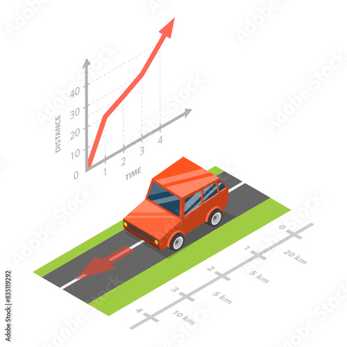 3D Isometric Flat Illustration of Uniform And Non-uniform Motion, Educational Visual Comparison. Item 1