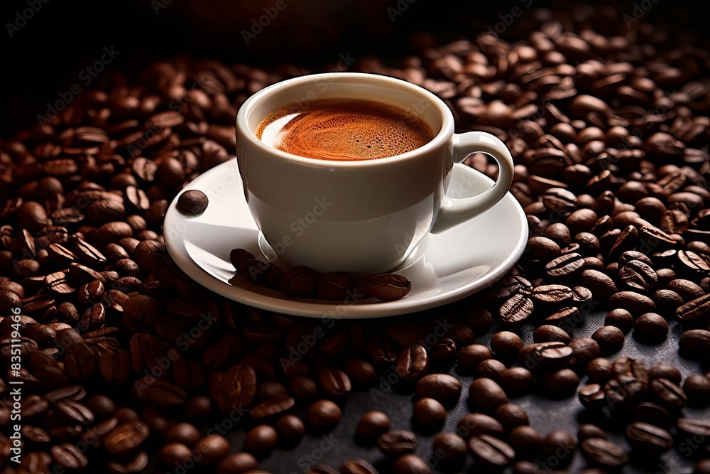 A cup of coffee with scattered coffee beans around, A cup of coffee with scattered coffee beans around,