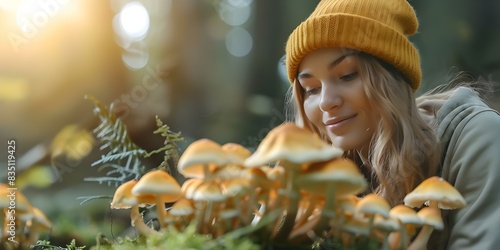 Woman foraging for mushrooms in the wild forest. Concept Nature Photography, Wild Mushrooms, Forest Exploration, Foraging Adventure