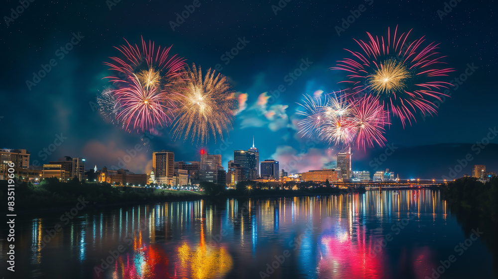 Fototapeta premium A vibrant 4th of July fireworks display over a city skyline, with the reflections shimmering on a river below