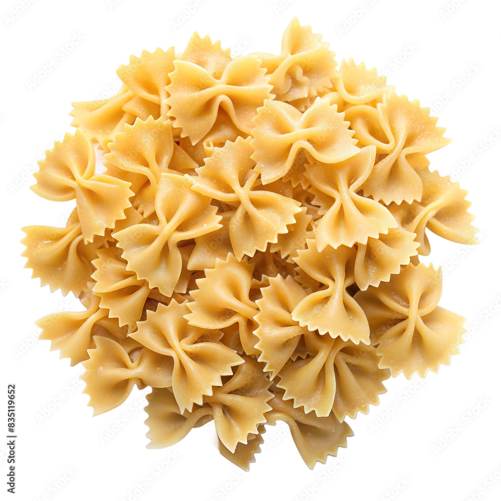 A close up image of a pile of uncooked farfalle pasta in a white bowl