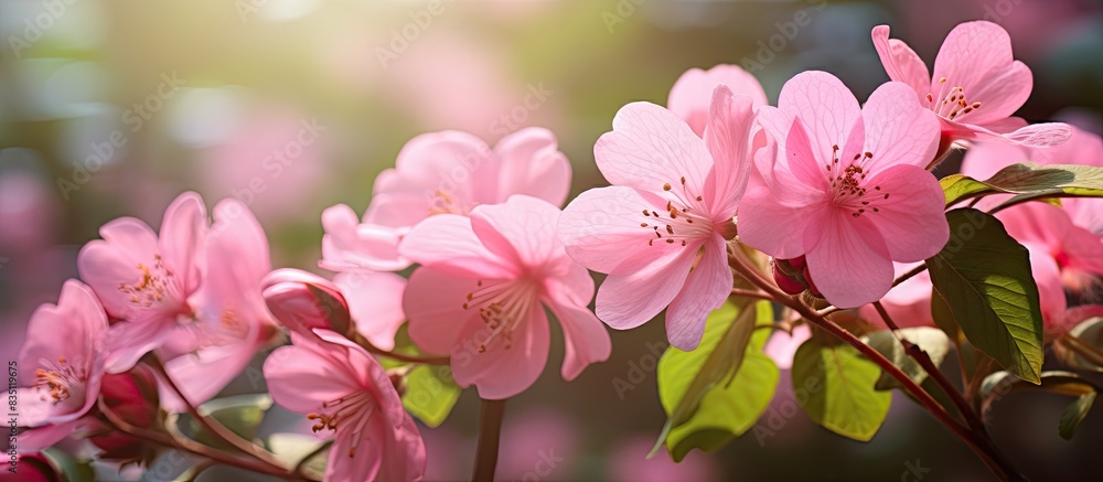 Pink flowers in a garden with a blurred backdrop, focusing on a leaf with shallow depth of field, perfect for a copy space image. Pink flowers in a garden with a blurred backdrop, focusing on a leaf with shallow depth of field, perfect for a copy space image.