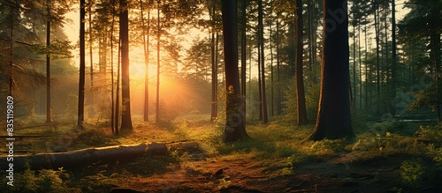 Fototapeta Naklejka Na Ścianę i Meble -  The forest at sunset on a summer evening provides a serene setting with warm colors and a peaceful ambiance, perfect for a copy space image.