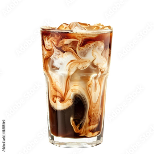 A refreshing glass of iced coffee with milk swirled. A perfect cold beverage, visually appealing with its artistic milk patterns.