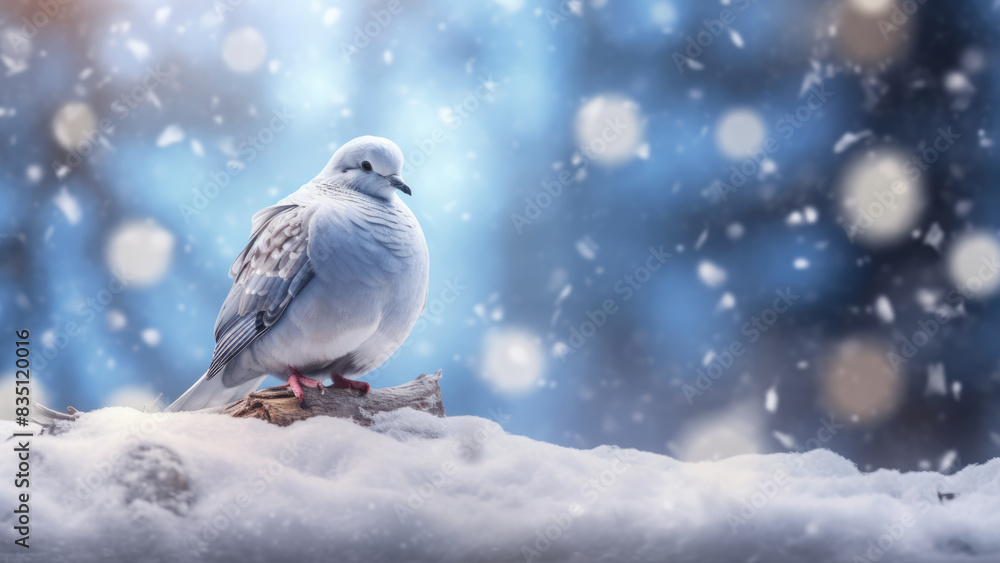 Serene pigeon perched in a snowy winter wonderland
Serene pigeon perched in a snowy winter wonderland