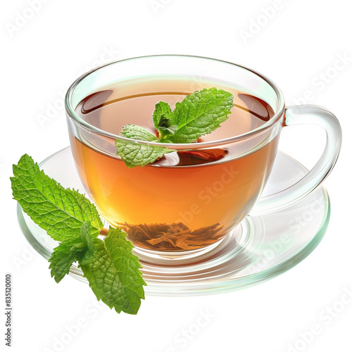 Glass cup of fresh mint tea on white saucer. Aromatic herbal drink with mint leaves for relaxation and wellness. Transparent glass mimicking a delicate vibe.