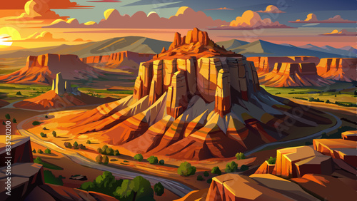 Aerial view of a sandstone mound in the desert valley at sunset