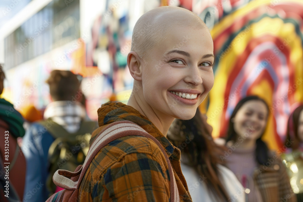 A young woman with a shaved head smiles brightly, wearing a plaid shirt and backpack. She is standing with a group of friends in an urban setting with colorful murals in the background A young woman with a shaved head smiles brightly, wearing a plaid shirt and backpack. She is standing with a group of friends in an urban setting with colorful murals in the background