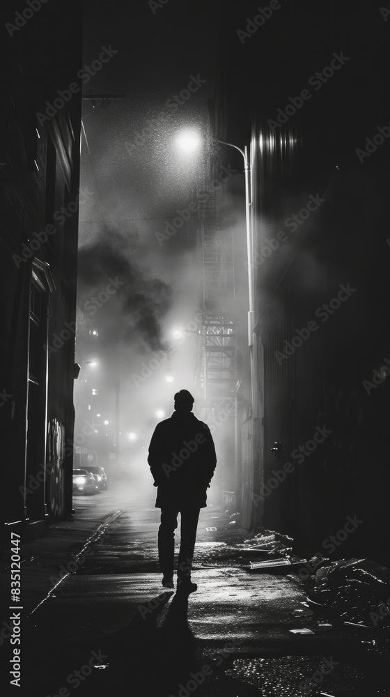 A silhouette of a lone man walking through a foggy alleyway in the city at night. Street lights cast a soft glow on the mans form as he makes his way through the dimly lit environment A silhouette of a lone man walking through a foggy alleyway in the city at night. Street lights cast a soft glow on the mans form as he makes his way through the dimly lit environment