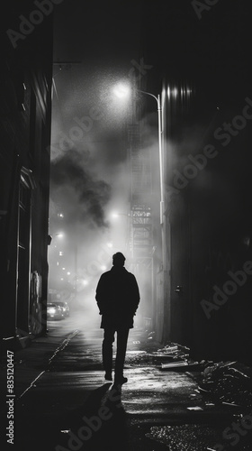 A silhouette of a lone man walking through a foggy alleyway in the city at night. Street lights cast a soft glow on the mans form as he makes his way through the dimly lit environment