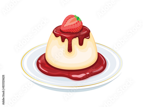 Vanilla Panna Cotta with strawberry sauce vector illustration. Strawberry Panna Cotta on a plate icon isolated on a white background. Gelatin creamy dessert drawing