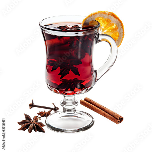 Warm mulled wine with star anise, cinnamon stick, and orange slice in a clear glass mug. A cozy winter beverage for the holidays.