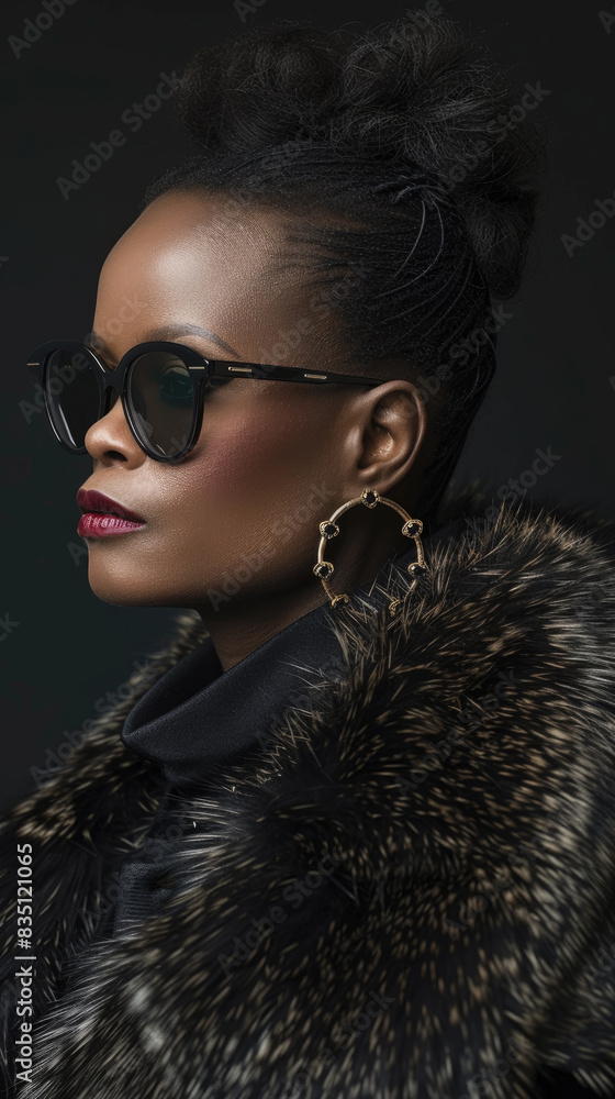A woman wearing sunglasses and a fur coat looks to the side A woman wearing sunglasses and a fur coat looks to the side