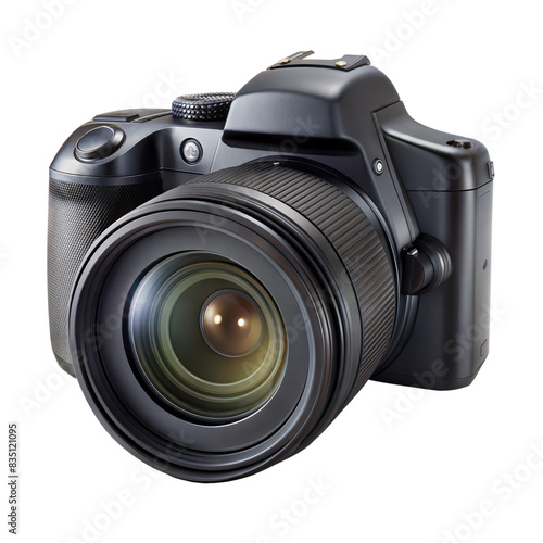 Closeup of a black digital camera with a large lens