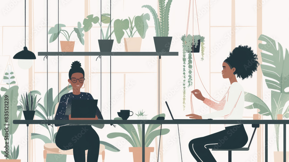 Two women sit at a desk, working on laptops, surrounded by lush greenery. The space is bright and airy, with a relaxed, minimalist aesthetic Two women sit at a desk, working on laptops, surrounded by lush greenery. The space is bright and airy, with a relaxed, minimalist aesthetic