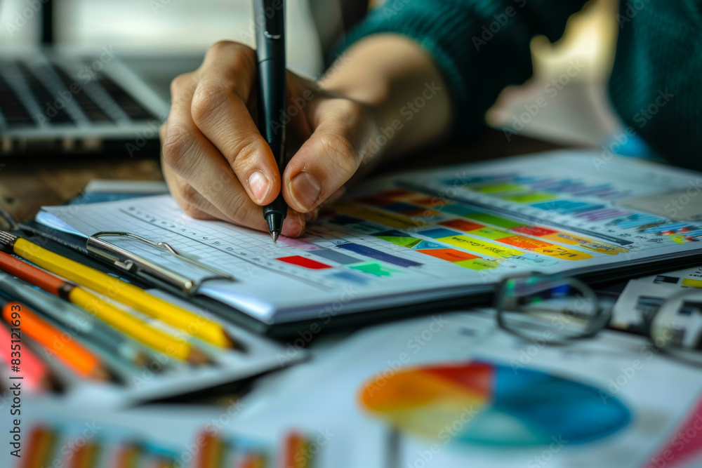 Person analyzing colorful charts and graphs, using a pen and documents on a desk. Concept of data analysis and business planning. Person analyzing colorful charts and graphs, using a pen and documents on a desk. Concept of data analysis and business planning.