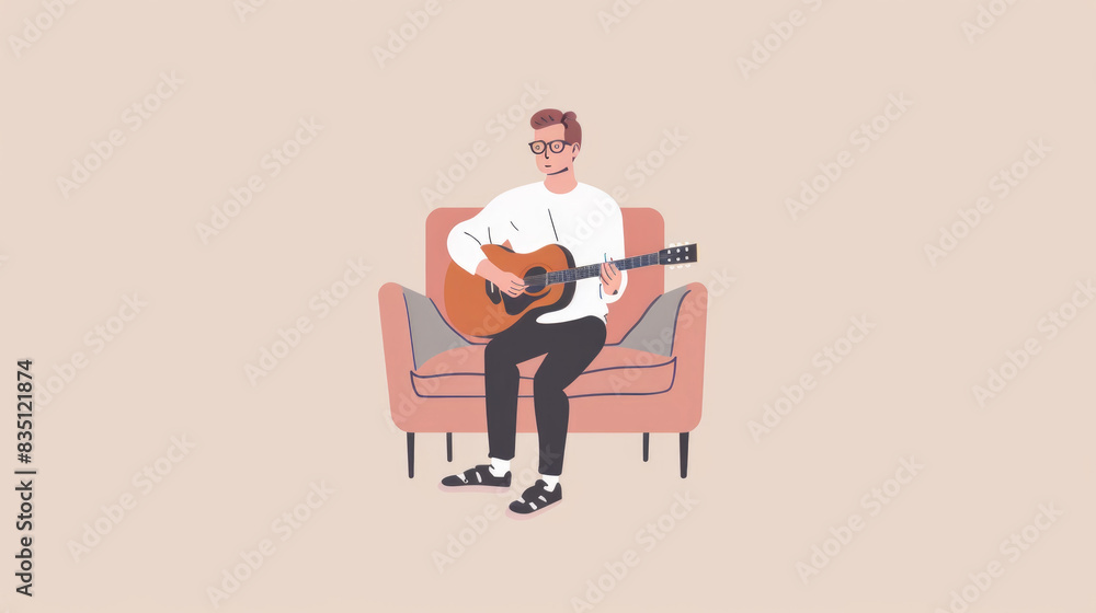 A man in glasses sits in a pink chair and plays an acoustic guitar A man in glasses sits in a pink chair and plays an acoustic guitar
