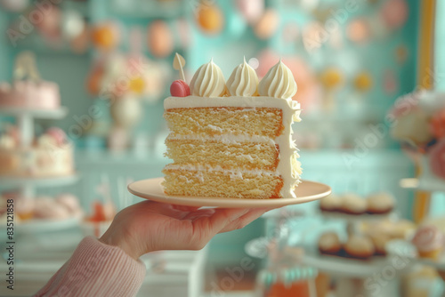 Woman holding a slice of layered vanilla cake with cream icing in a pastel-themed bakery, ready to enjoy a delicious dessert. © Pakkarada