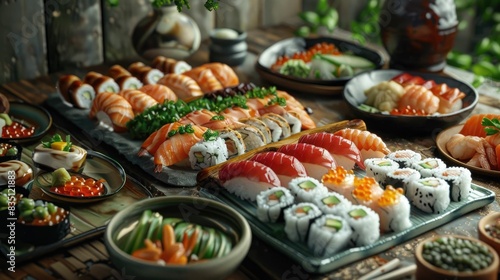 A colorful assortment of sushi rolls and sashimi artfully arranged on a wooden table.