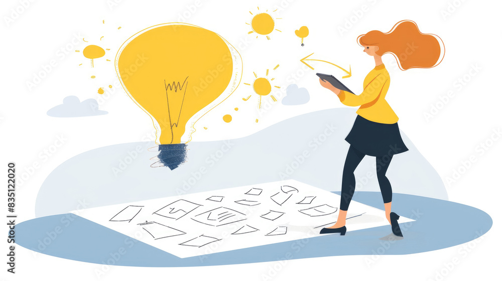 A woman with red hair is standing on a cloud, looking at a tablet in her hand. She has a lightbulb idea above her head, and a spread out sheet with various shapes on it A woman with red hair is standing on a cloud, looking at a tablet in her hand. She has a lightbulb idea above her head, and a spread out sheet with various shapes on it