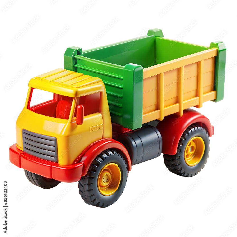 Naklejka premium A colorful plastic dump truck toy isolated on a transparent background. The truck is yellow, green, and red, and has a black chassis