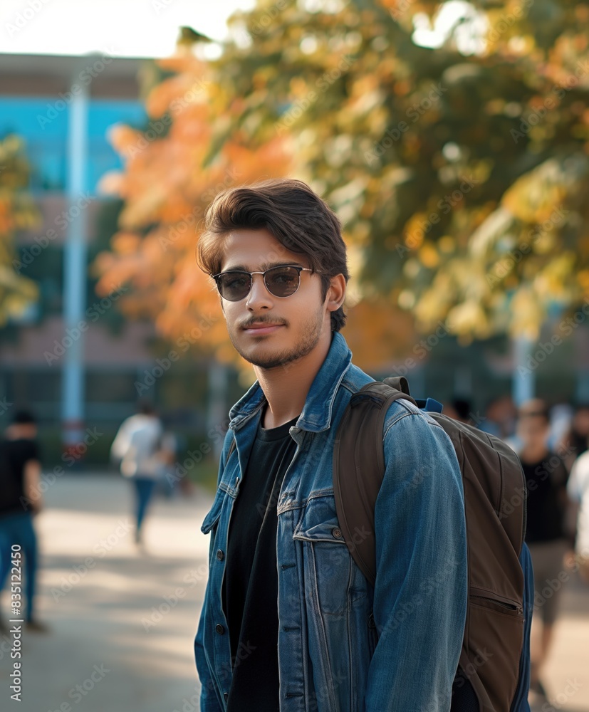 Vertical photo of a male hispanic student against campus background on sunny autumn day back to school or college concept