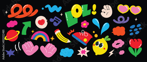 Set of funky groovy element vector. Collection of cartoon characters, cute doodle dawn, sparkle, hand, lemon, arrow, shoe, flower. Retro hippie design for decorative, sticker, toys and kids.