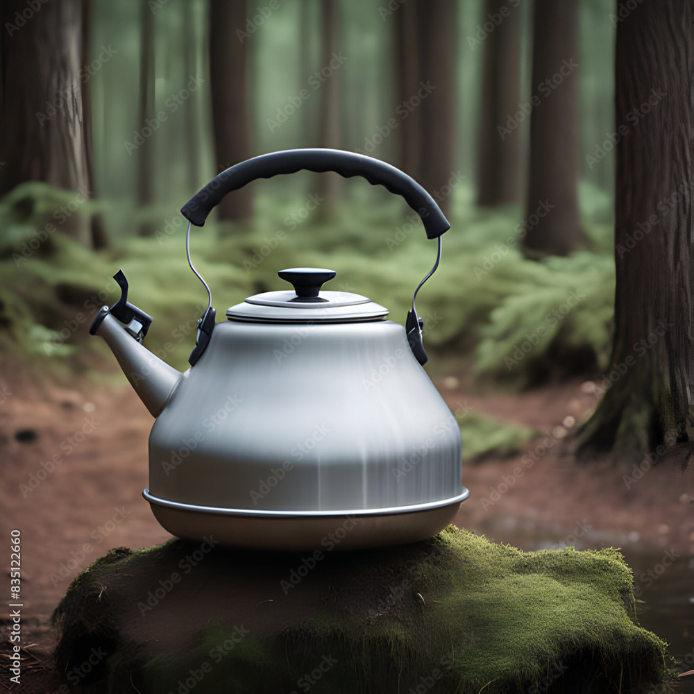 Closeup of water kettle in the greenery camping relaxation serenity with blurred background Closeup of water kettle in the greenery camping relaxation serenity with blurred background
