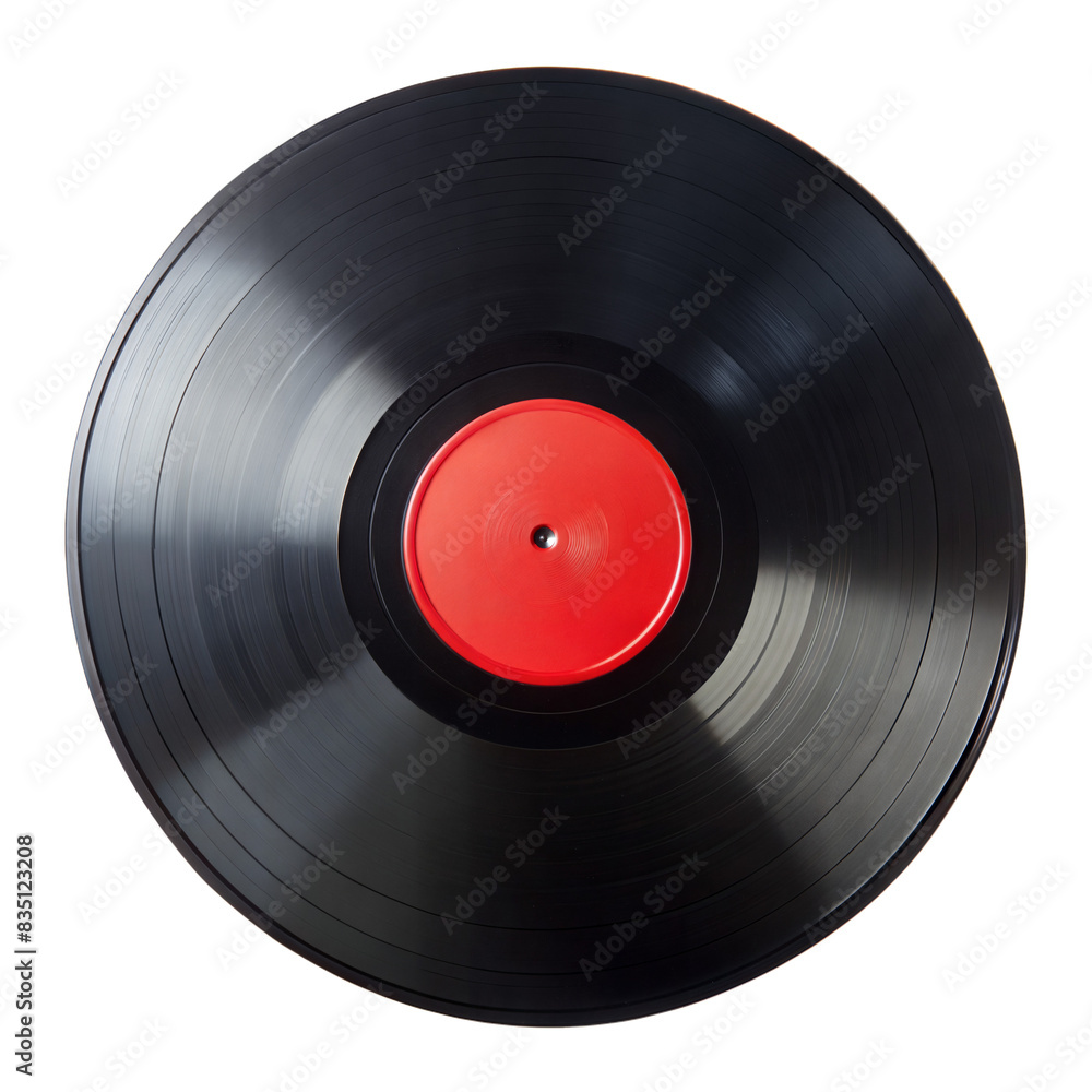 A black vinyl record with a red label, isolated on a transparent background A black vinyl record with a red label, isolated on a transparent background