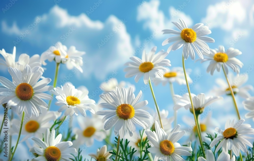 Fototapeta premium Beautiful White-Petaled Daisies Against a Blue Sky Background. Spring or Summer Nature Concept in Macro Shot,