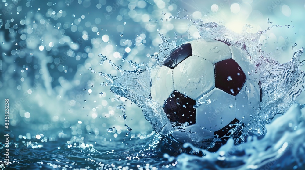 Naklejka premium Soccer ball in water. Water drops around a soccer ball on a blue background