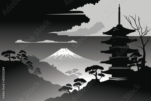 Silhouette iconic japan black and white.Japanese temple ,hill,and trees with mount Fuji.Illustration background
