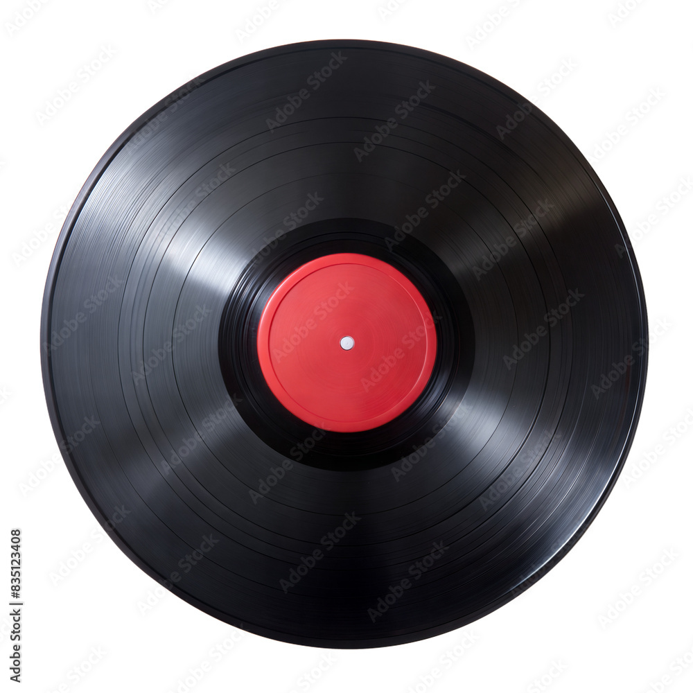 Obraz premium A black vinyl record with a red label, photographed from above, against a transparent background