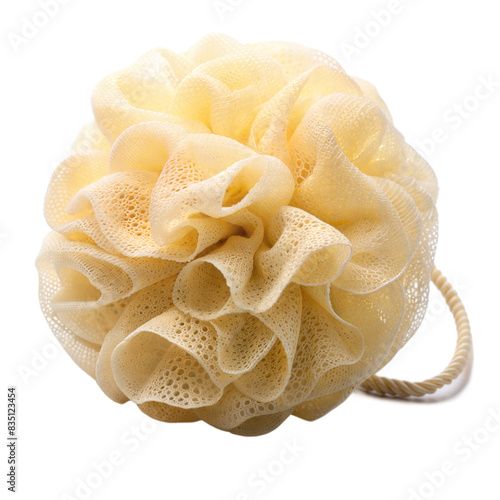 A close-up image of a yellow bath sponge with a rope handle, perfect for cleaning and exfoliating
