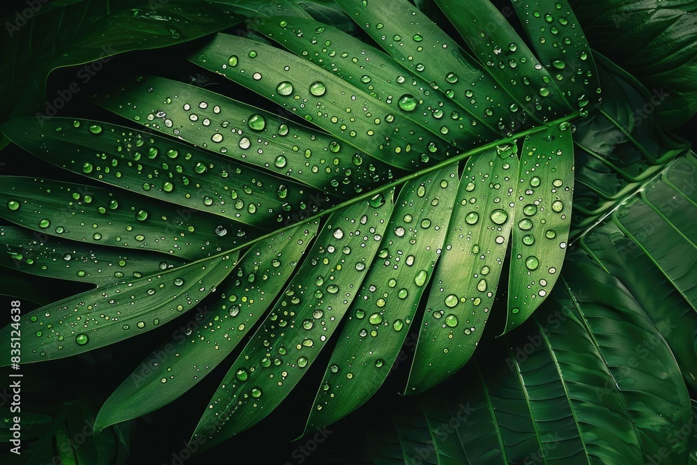Close-up of green tropical leaf with water droplets, showcasing natural beauty and freshness. Ideal for nature-themed projects and backgrounds. Close-up of green tropical leaf with water droplets, showcasing natural beauty and freshness. Ideal for nature-themed projects and backgrounds.